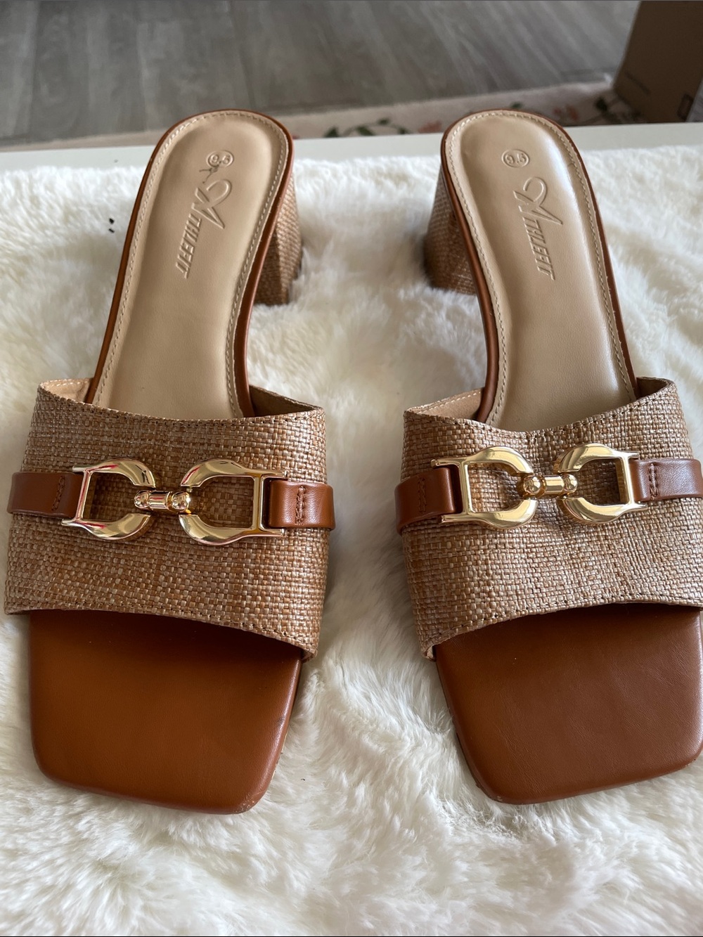 Tan Woven Slide Mules with Gold Horsebit Accent